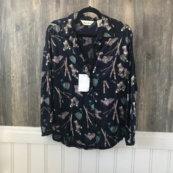 Eddie Bauer navy ski print long sleeve button up shirt size Mp - Picture 1 of 3